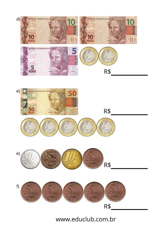 Atividade com dinheiro para 1 ano | Educlub